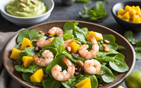 Plato con ensalada de langostinos y mango